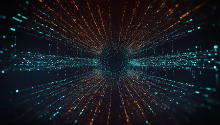 3d rendering of abstract technology digital tunnel with glowing particles and linesの素材