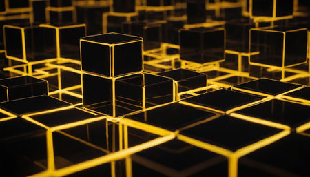 3d render. Abstract geometric background with black cubes and golden lights.の素材