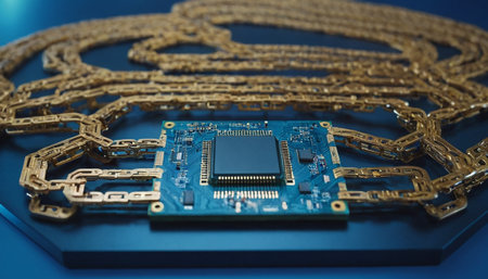 Electronic circuit board with golden chain on blue background, closeupの素材