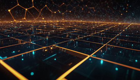 3D rendering of a futuristic background with a grid of lines and dotsの素材