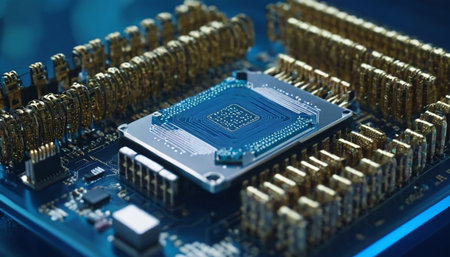 Circuit board closeup. Electronic computer hardware technology. Motherboard digital chip. Integrated communication processor. Information engineering component.の素材