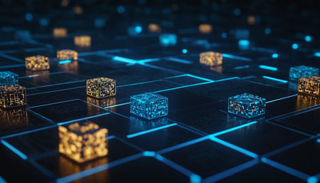 3d rendering of abstract technology background with glowing cubes. Network conceptの素材