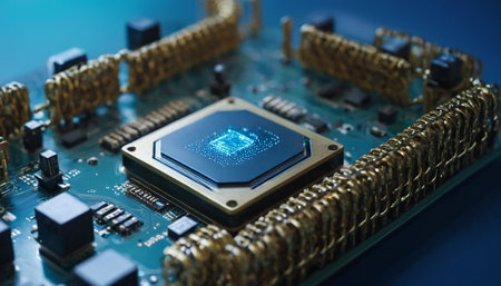 Close-up of microcircuit with electronic components on blue backgroundの素材