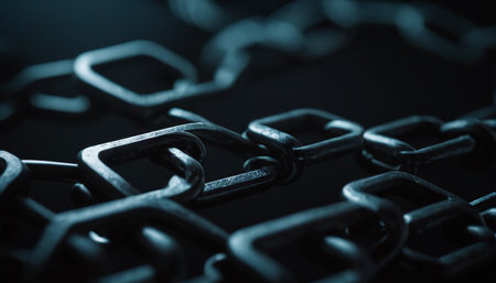 Close up of steel chain on black background. Selective focus.の素材