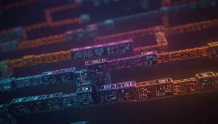 3D rendering of abstract digital technology concept, circuit board with glowing particlesの素材
