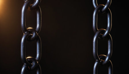 Close-up of a metal chain on a black background with copy spaceの素材