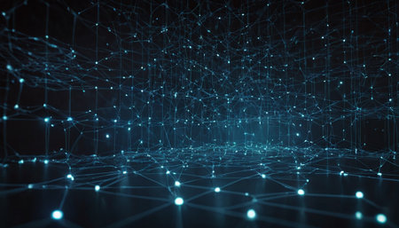 3D rendering of a network of blue dots and lines on a dark backgroundの素材