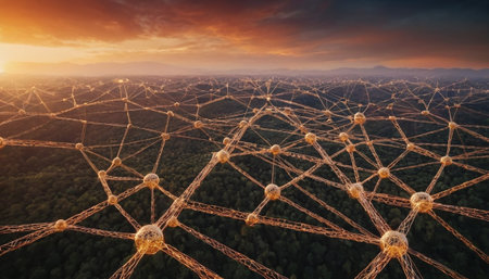 Aerial view of network connection structure on sunset sky background. 3d renderingの素材