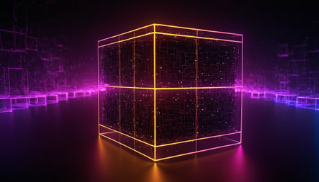 3d render of cube with neon light in dark space. Futuristic background.の素材