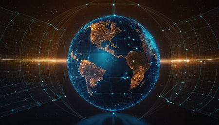 Global network connection and data exchanges over the globe. 3D renderingの素材