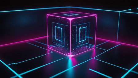 3d illustration of abstract background with glowing cube in ultraviolet light.の素材