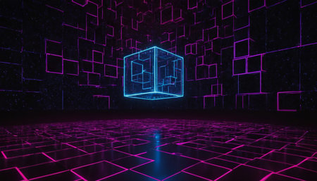 3d render, abstract background with neon glowing cubes, empty space, cyberpunk style, ultraviolet lightの素材