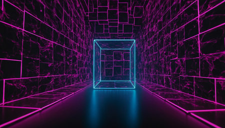 3D abstract background with neon lights. neon tunnel. 3d illustrationの素材