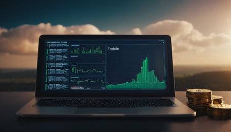 Laptop computer with financial chart on screen. Investment and trading concept.の素材