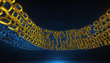 Golden chain on blue background. 3D illustration. 3D rendering.の素材