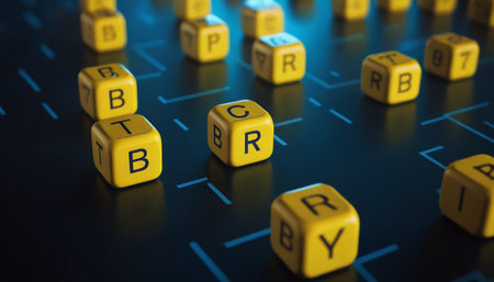 3d render of cubes with letters B, R, B, C, D, E on black backgroundの素材