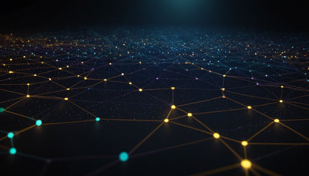 Network connection structure with dots and lines on dark background. 3d renderingの素材