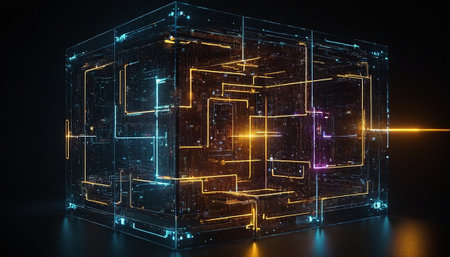 Glowing wireframe cube with lines on dark background. 3D renderingの素材