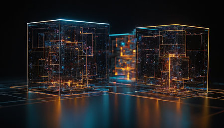 3D rendering. Futuristic black cube with glowing lights on dark background.の素材