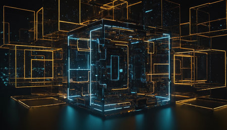Abstract 3d rendering of geometric shape. Futuristic background with neon glowing cubes.の素材