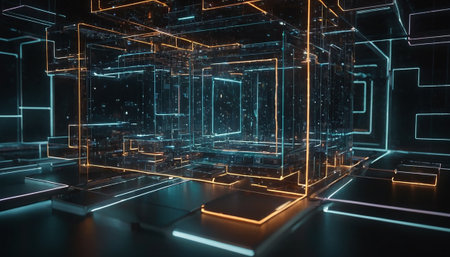 3D rendering of an abstract technological background with glowing lines and cubesの素材