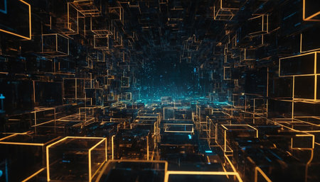 3D rendering of abstract technology concept. Digital background with glowing cubesの素材