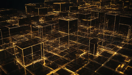 3D render of abstract technology background with square shapes and glowing lightsの素材