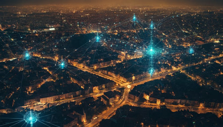 Panoramic aerial view of Paris at night with social network connections.の素材