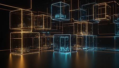Glowing cubes on dark background. Future and technology concept. 3D Renderingの素材