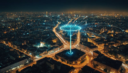 Aerial view of modern city at night. Network and internet concept.の素材