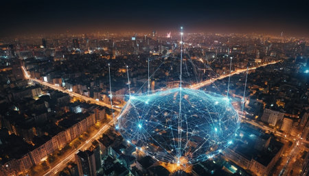 Aerial panoramic view of modern city at night. Network connection concept. 3D Renderingの素材