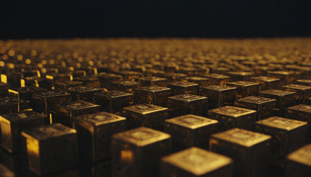 Gold bars stacked in a row. 3d illustration. Golden cubesの素材