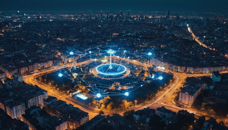 Aerial panoramic view of modern city at night. Network and communication conceptの素材