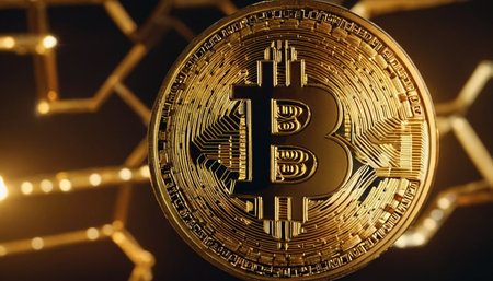 Bitcoin. Cryptocurrency. Golden coin with bitcoin symbol on the background of the networkの素材