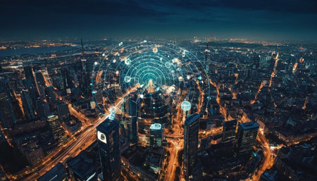 Aerial panoramic view of modern city at night. Concept of smart city and wireless communication.の素材