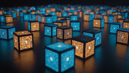 3d illustration of a lot of blue cubes with lights on the floorの素材