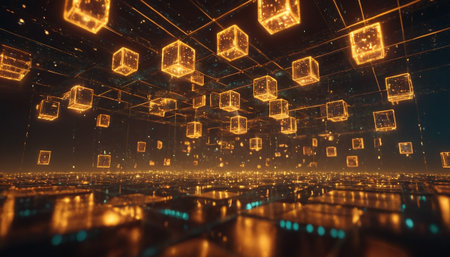Futuristic technology interface with glowing cubes. 3D Renderingの素材