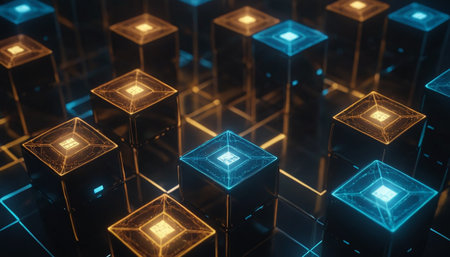 Abstract 3d rendering of glowing cubes in empty space. Futuristic background.の素材
