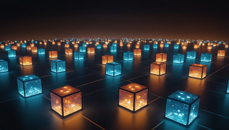 abstract 3d illustration of cubes with glowing lights on dark backgroundの素材