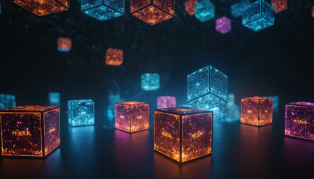 3d rendering of glowing cubes on black background with bokeh lightsの素材