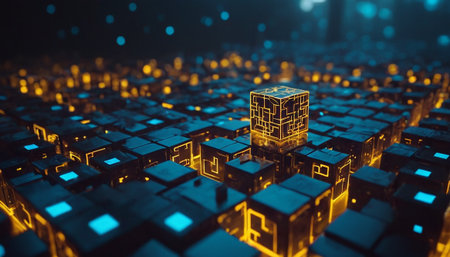 3d render. Abstract background with cubes. Concept of blockchain technology.の素材