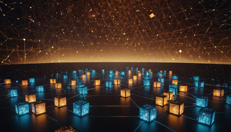 Futuristic technology interface with glowing cubes and lines. 3d renderingの素材