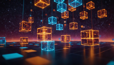 Abstract 3d rendering of cubes with glowing lines. Futuristic background with cubes.の素材