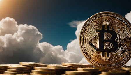 Bitcoin cryptocurrency coin on the background of the sky. Cryptocurrency concept.の素材