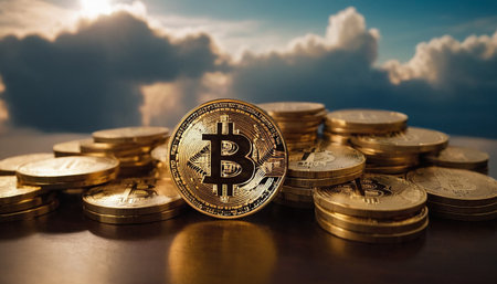 Bitcoin coin on the background of the sky and clouds. Cryptocurrency conceptの素材