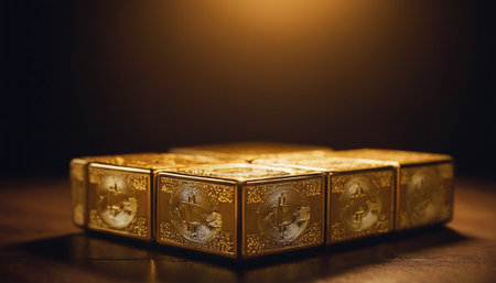 Gold bullion on a dark background. Copy space. Selective focus.の素材