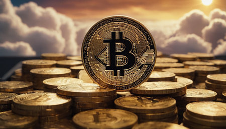 Bitcoins on the background of the sky. Cryptocurrency concept.の素材