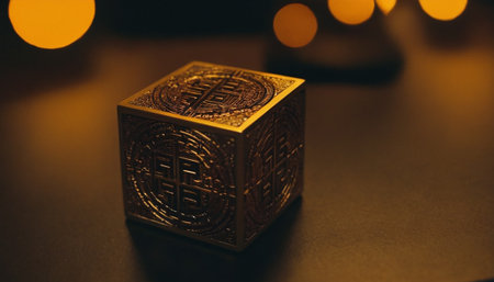 Golden dice on a black background with blurred bokeh lights.の素材