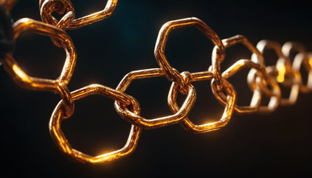 Golden chain on a black background. Selective focus. Shallow depth of fieldの素材