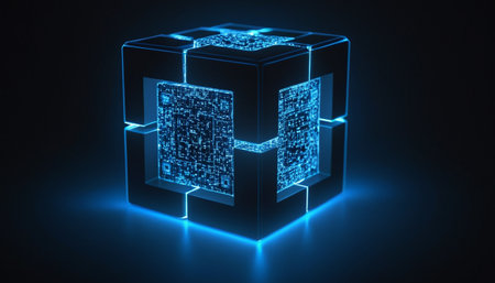 3d illustration of cube with binary code in blue light on dark backgroundの素材
